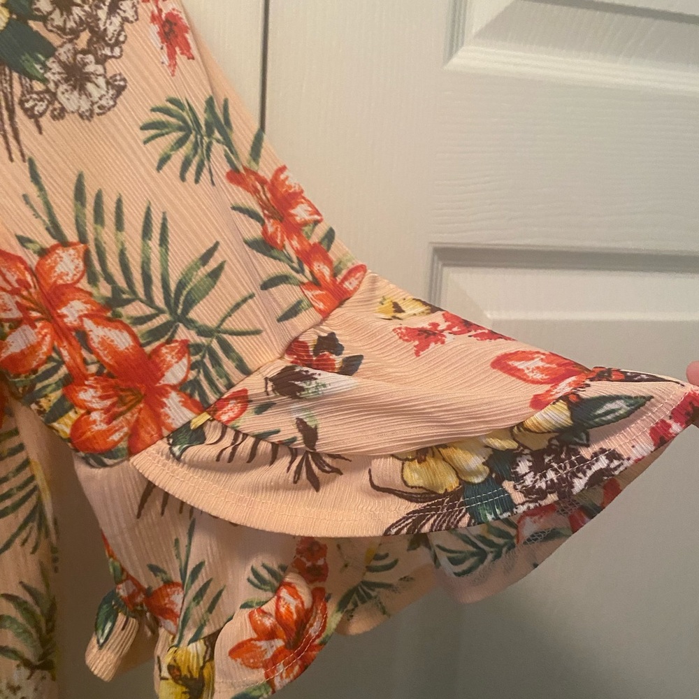 Light Pink Hawaiian Blouse by CURE with Yellow, Red, Orange Flowers Large - Picture 4 of 8